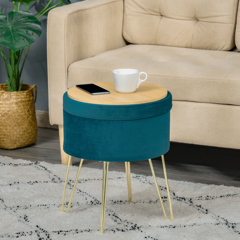 HOMCOM Pouf-Container 2-in-1 mit Hocker- und Tischfunktion, in Holz und Grünem Stoff, Metall mit Goldfinish, 36x36x45cm