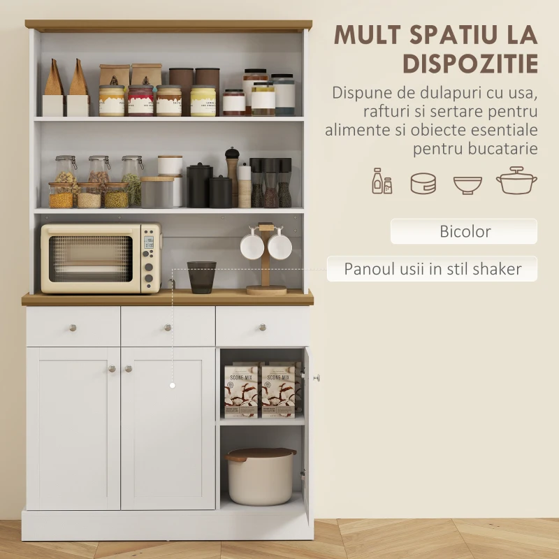 HOMCOM Bufet de Bucătărie cu 3 Compartimente Deschise, 101x39x180,5 cm, Alb