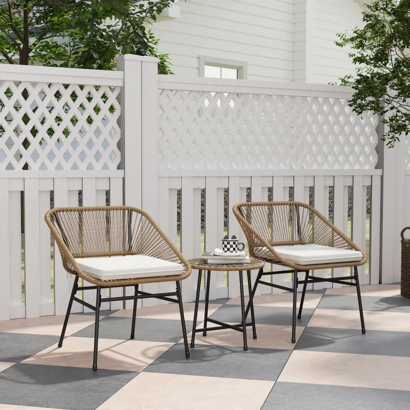 Outsunny Gartenmöbelset 3-teilig aus PE-Rattan und Stahl mit 2 Stühlen mit Kissen und rundem Tisch, Multicolor