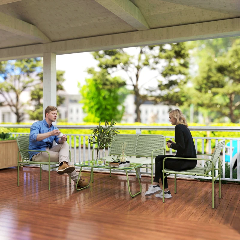Outsunny Outdoor-Rattan-Loungeset 4-Sitzer, 2-Sitzer-Sofa, 2 Stühle, Tisch aus gehärtetem Glas, Stahlrahmen grün