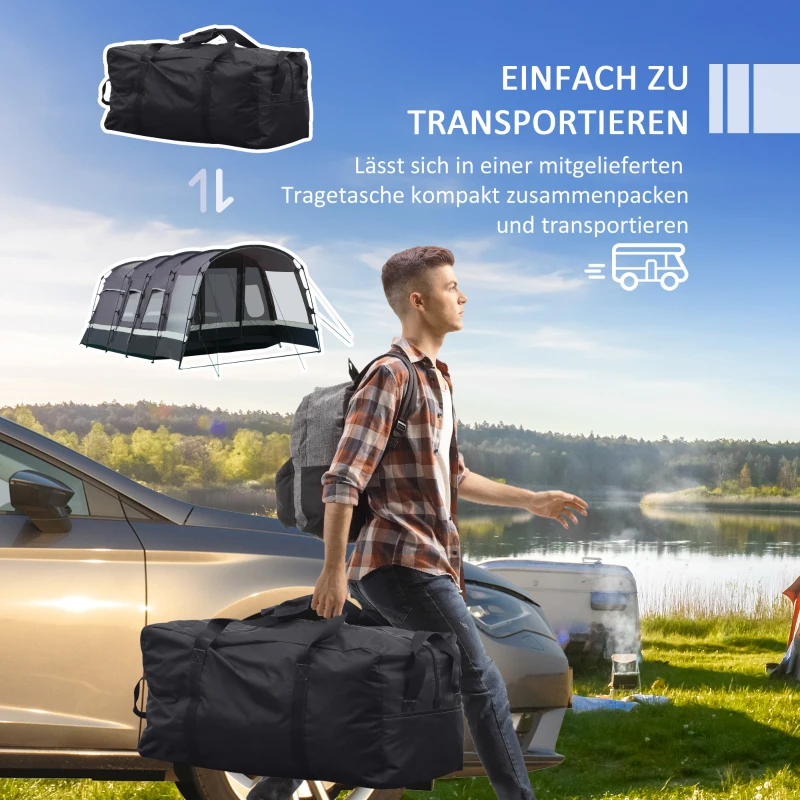 Outsunny Camping Zelt 8 Personen Zelt Tunnelzelt mit Vorraum 4 Fenster Familienzelt PU3000mm für Trekking Festival Glasfaser Dunkelgrau 580 x 320 x 215 cm