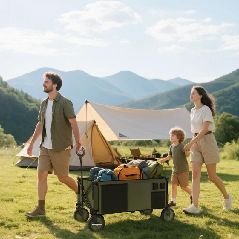 Outsunny Carrinho Dobrável de com Rodas com Guiador Bancada Dobrável 5 Bolsas de Armazenamento 108x55x93cm Verde Escuro