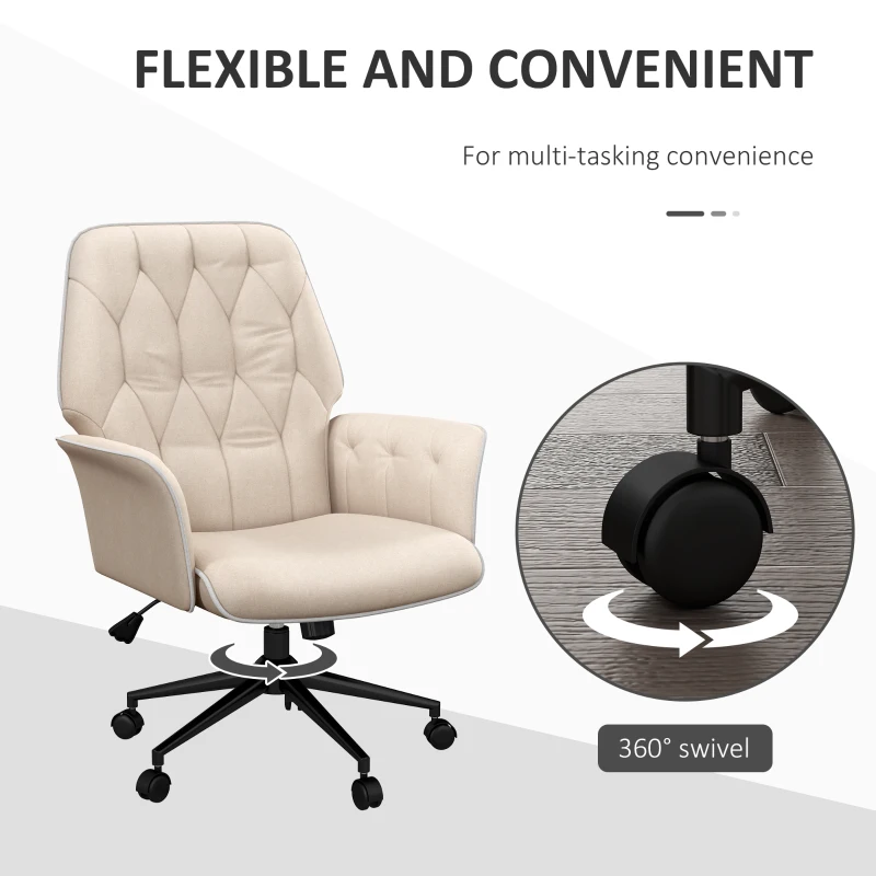 HOMCOM Linen Office Chair, Mid Back Computer Desk Chair with Adjustable Height, Beige