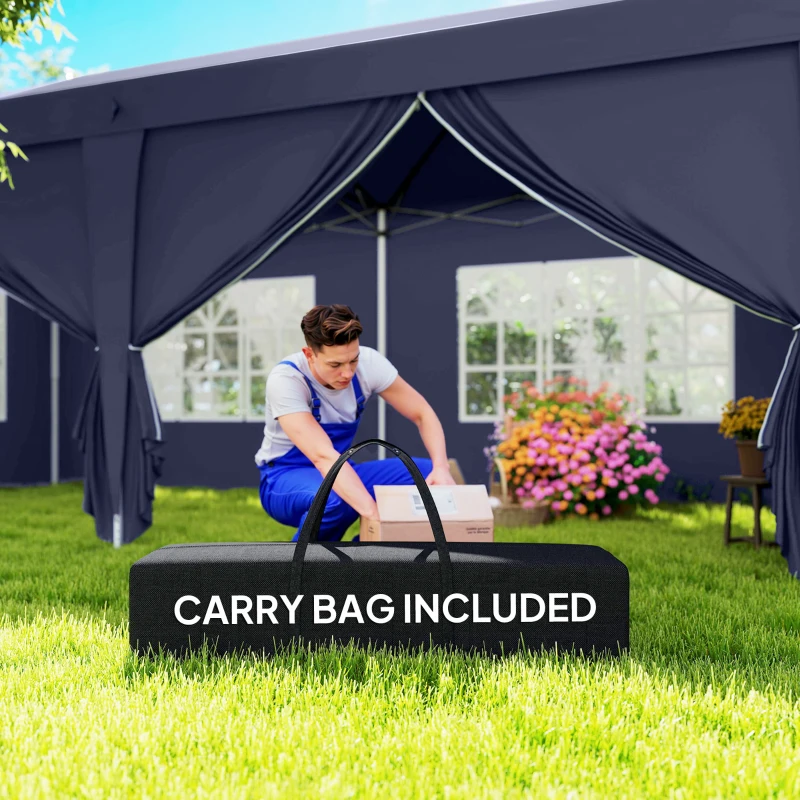 Outsunny Folding Pavilion 6 x 3m, Removable Side Walls, Large Windows, Zipper Doors, Steel Frame, Blue