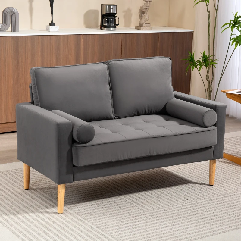 HOMCOM Modernes 2-Sitzer-Sofa aus Samt 127 cm mit dickem Polster, 2 Zierkissen und geknöpfter Sitzfläche, Grau