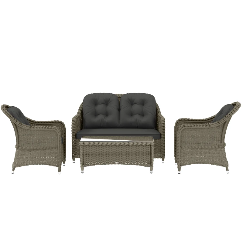 Outsunny Four-Piece Rattan Sofa Set, with Glass-Top Table - Light Grey