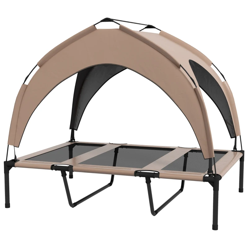 PawHut Cama para Cães Elevada com Toldo para Cães Médios com Estrutura de Aço e Bolsa de Transporte 106x76x94 cm Marrom Claro