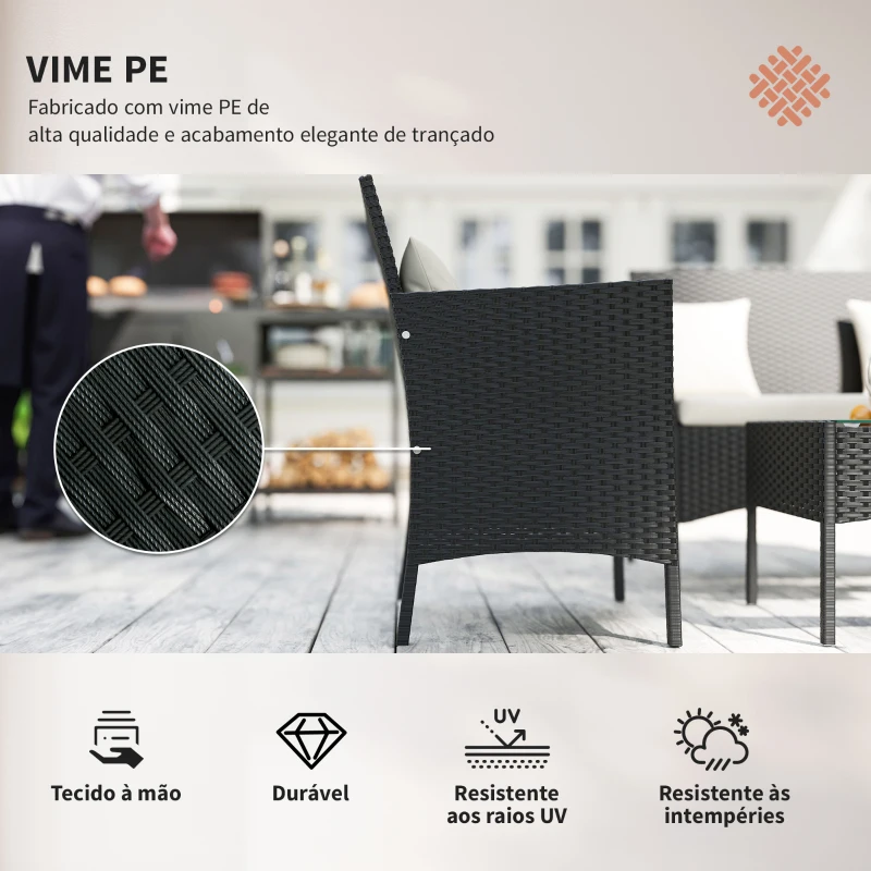 Outsunny Conjunto de Jardim de Vime Sintético com 2 Poltronas 1 Sofá de 2 Lugares 1 Mesa de Centro e Almofadas Preto e Branco