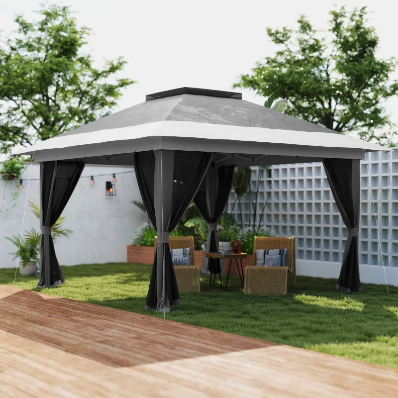 Outsunny Faltbares Pavillon 3,6x3,6 m mit Seitenwänden, Höhenverstellbar und UV-Schutz UPF50+, Tasche mit Rollen, Dunkelgrau