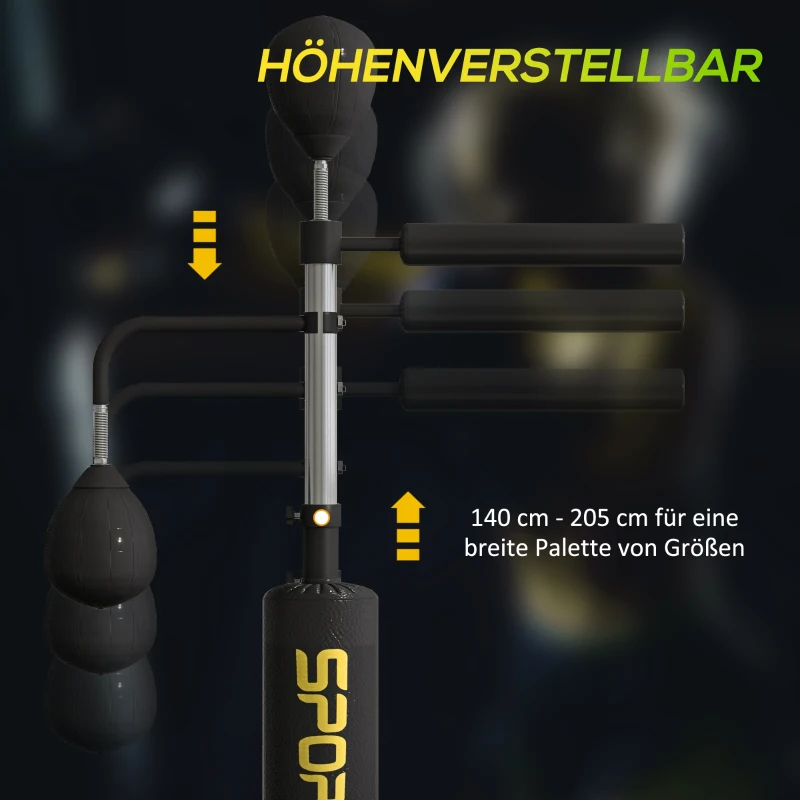 SPORTNOW Boxstand, zwei Speedballs, drehbare Boxstange, Kickpolster, höhenverstellbar, Stahl, 107 x 36 x 140-205 cm, Schwarz(m-5)