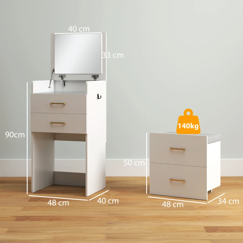 HOMCOM Coiffeuse mit Spiegel und Hocker 3 in 1, 3 Schubladen und transparenter Glassplatte, gepolstertes Kissen, 48 x 40 x 90 cm, weiß