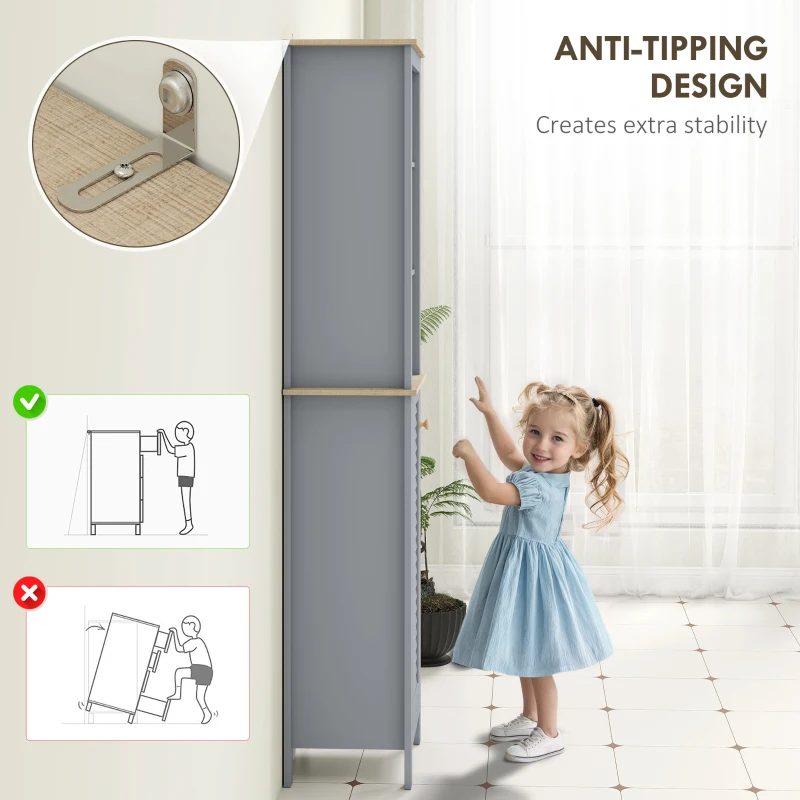 kleankin Bathroom Floor Storage Cabinet with 3 Tier Shelf and Cupboard with Door, Free Standing Linen Tower, Tall Slim Side Organizer Shelves, Grey