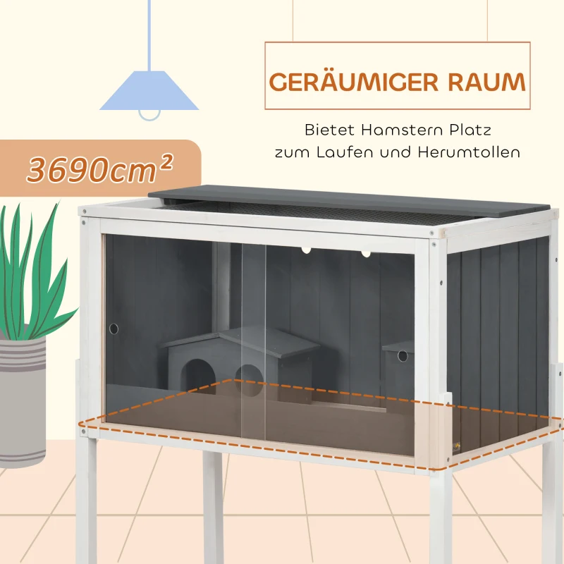 PawHut Hamsterkäfig, 3000 cm² Zwerghamsterkäfig aus Holz und Metall, mit 2 Hütten, Acrylschiebetüren, stabil, sicher, Grau+Weiß(m-8)