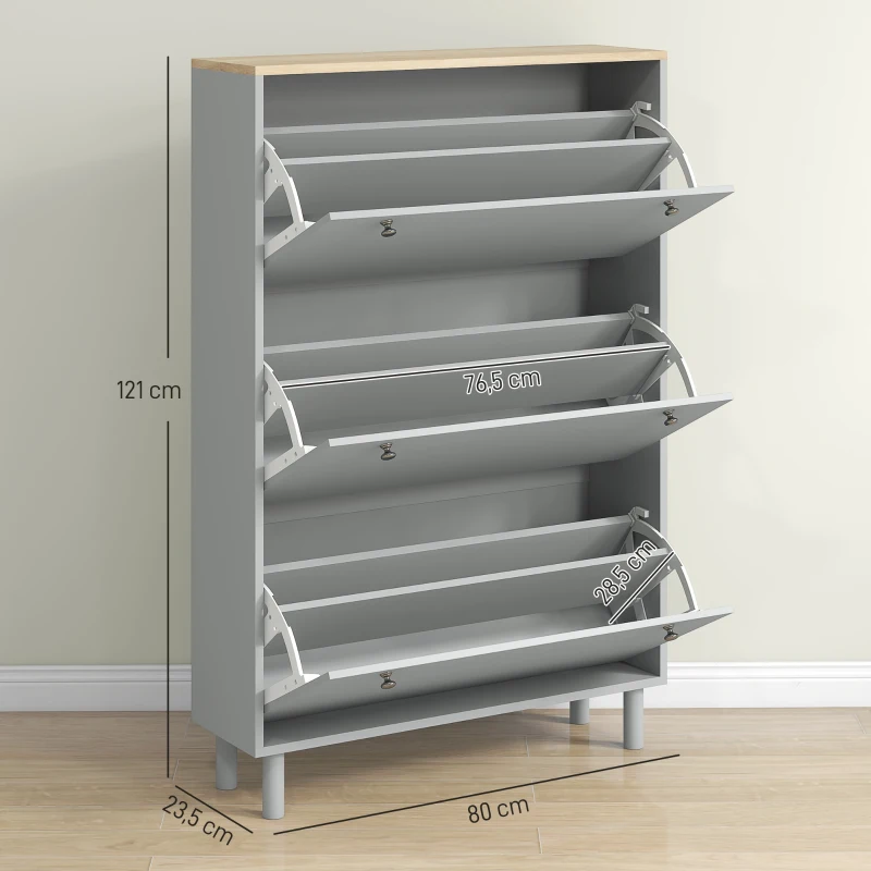 HOMCOM Schuhschrank für 24 Paar mit 3 klappbaren Schubladen und verstellbaren Regalen, 80x23,5x121cm, Grau