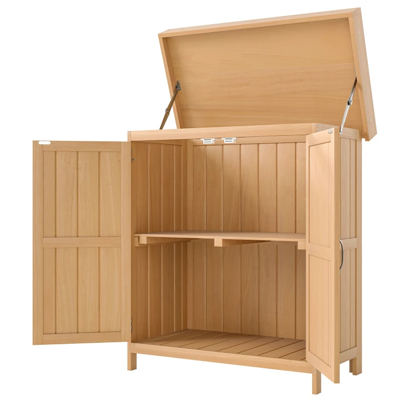 Outsunny Armario de Jardín de Madera 74x43x88 cm Cobertizo Exterior para Almacenamiento de Herramientas Leñas con 2 Puertas y Techo Asfáltico Abatible Natural