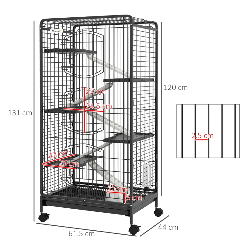PawHut Cușcă pentru Animale Mici și Rozătoare cu Roți, 5 Rampe și 5 Platforme, 61.5x44x131 cm, Negru
