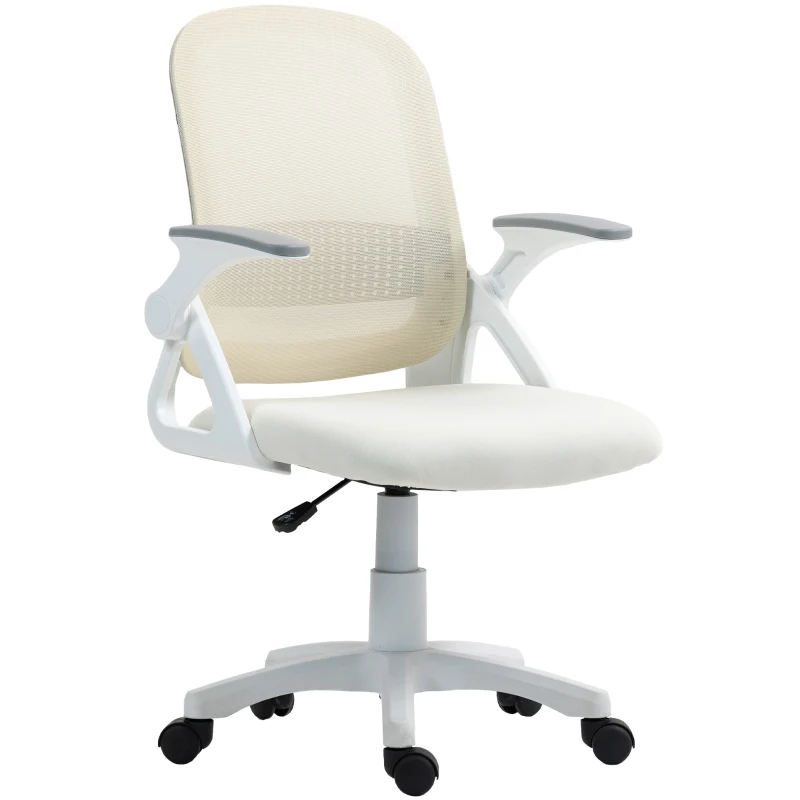 HOMCOM Breathable Mesh Office Chair, Ergonomic Swivel Computer Chair with Flip-up Armrests, Lumbar Back Support for Home/Office, White