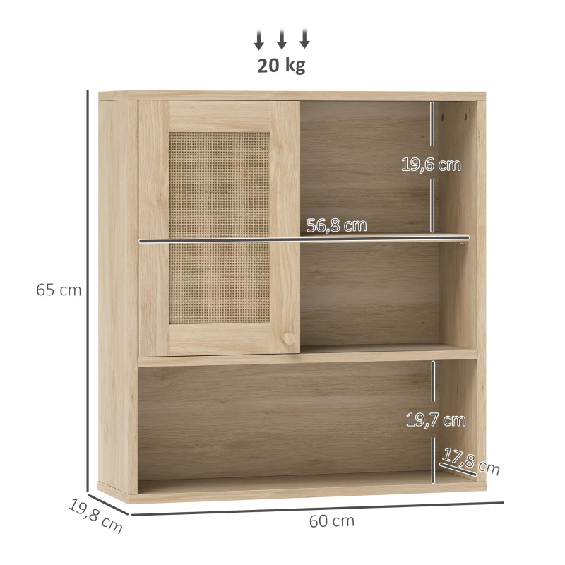 HOMCOM Wandhängeschrank, Badezimmerschrank mit Rattantür und offenen Regalen, Naturholz