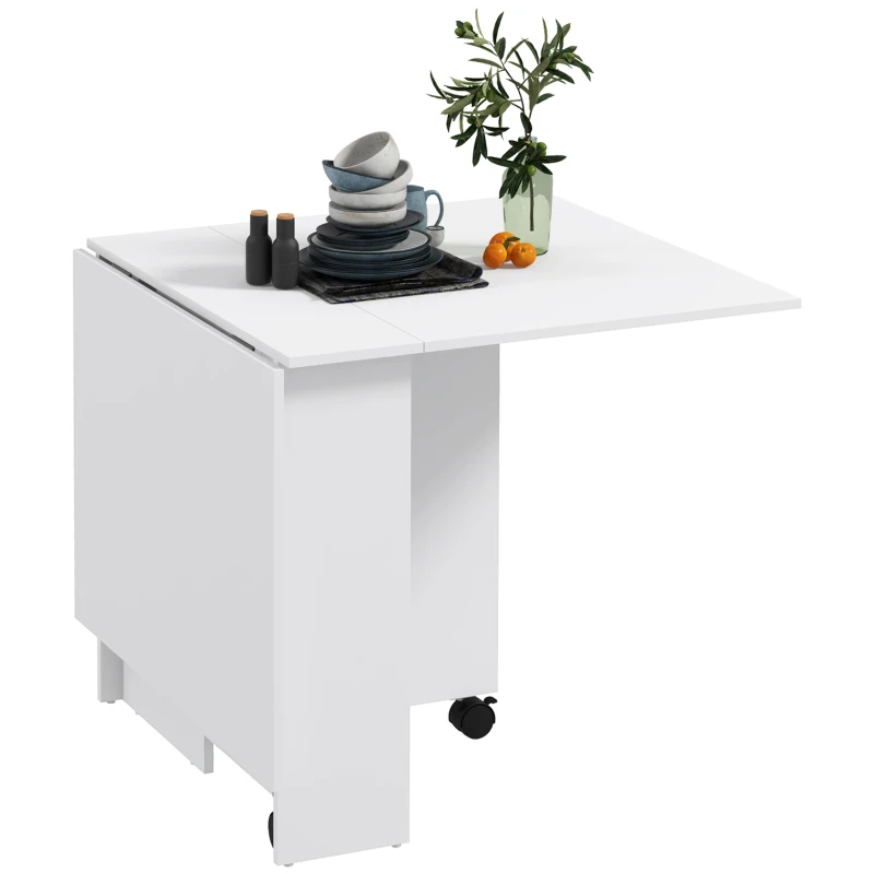 HOMCOM Klappbarer Platzspartisch mit 2 Klappen für 6 Personen mit Regalen und Rollen, Weiß