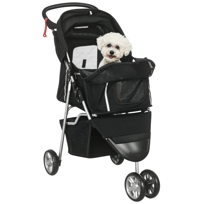 PawHut Carrito para Perros Pequeños con Cesta de Almacenaje Ventanas de Malla y 2 Ruedas Universales 75x45x97 cm Negro
