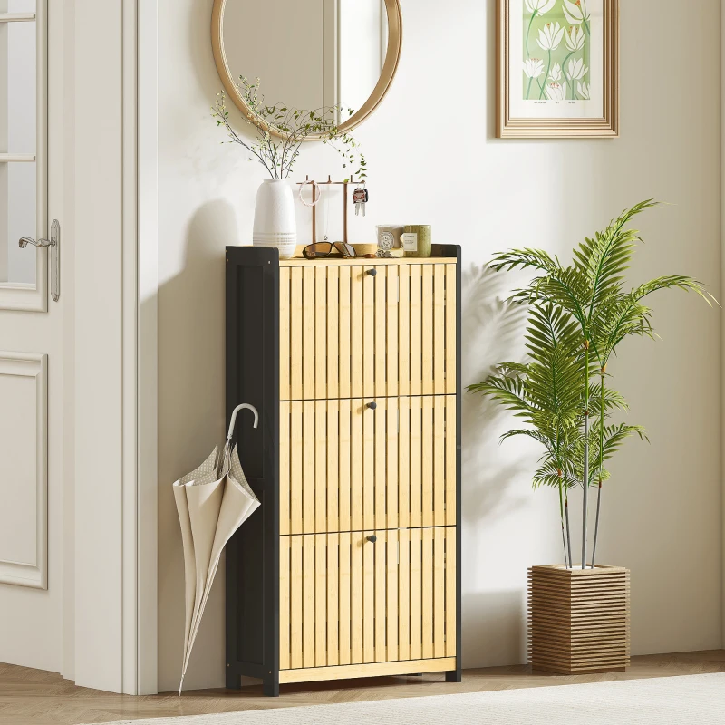 HOMCOM Schuhschrank 18 Paare mit 3 kippbaren Schubladen, Gittertüren aus Bambus, 60x24x118cm, Schwarz und Naturholz