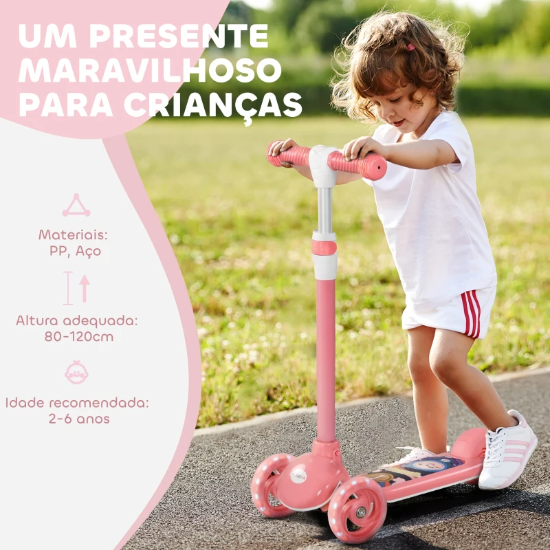 AIYAPLAY Trotinete para Crianças Trotinete com 3 Rodas LED Altura Ajustável Carga 25 kg 52x29x63-76 cm Rosa