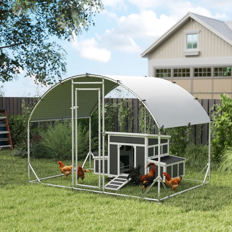 PawHut Conjunto de 1 Galinheiro de Madeira 147x93,5x89,5 cm e 1 Galinheiro grande em Aço Galvanizado 280x190x197 cm Cinza
