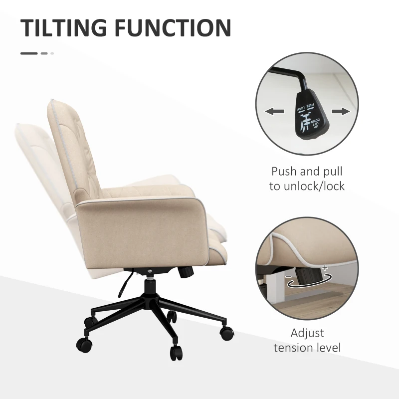 HOMCOM Linen Office Chair, Mid Back Computer Desk Chair with Adjustable Height, Beige