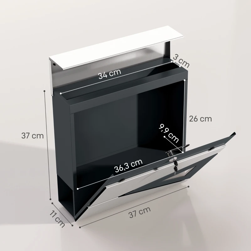 HOMCOM Wandbriefkasten aus verzinktem Stahl, abschließbar mit Fenster, Montagematerial, 37 x 11 x 37 cm, Silber