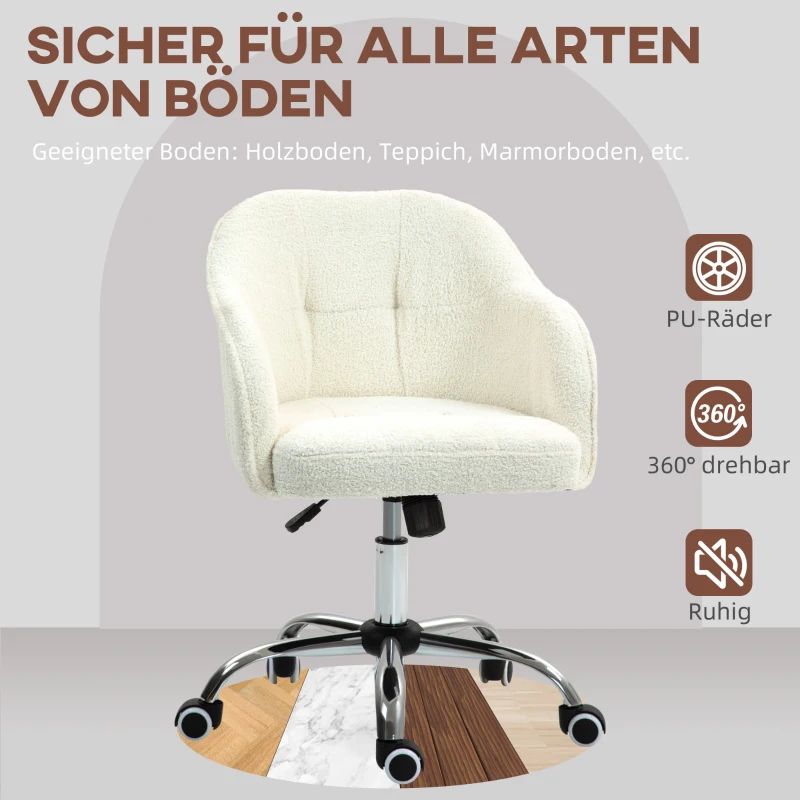 HOMCOM Homeoffice Stuhl, Ergonomisch Schreibtischstuhl mit Wippfunktion, Teddysamtoptik 56 x 61 x 86 cm Cremeweiß
