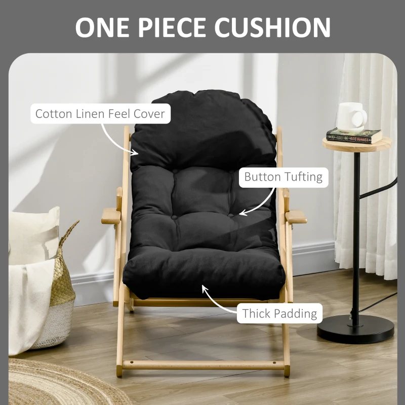 HOMCOM Folding and Reclining Wooden Lounge Chair Comfortable Relaxation Chair with Thick Tufted Cushion