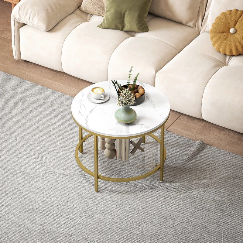 HOMCOM Modern Runder Couchtisch mit 2 Ebenen marmorierte Oberfläche und gehärtetes Glas, Ø 60 x 45 cm, Weiß und Gold