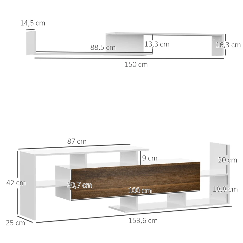 HOMCOM TV-Möbelset mit TV-Ständer und Wandregal im zeitgenössischen Stil 153,6L cm - Weiß und Braun