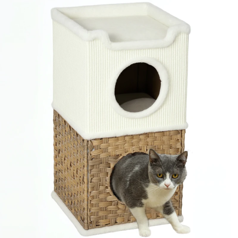 PawHut Innenturm für Katzen mit 3 Ebenen, Katzenturm mit Sisal-Kratzpfosten, 41 x 41 x 75,5 cm, Creme