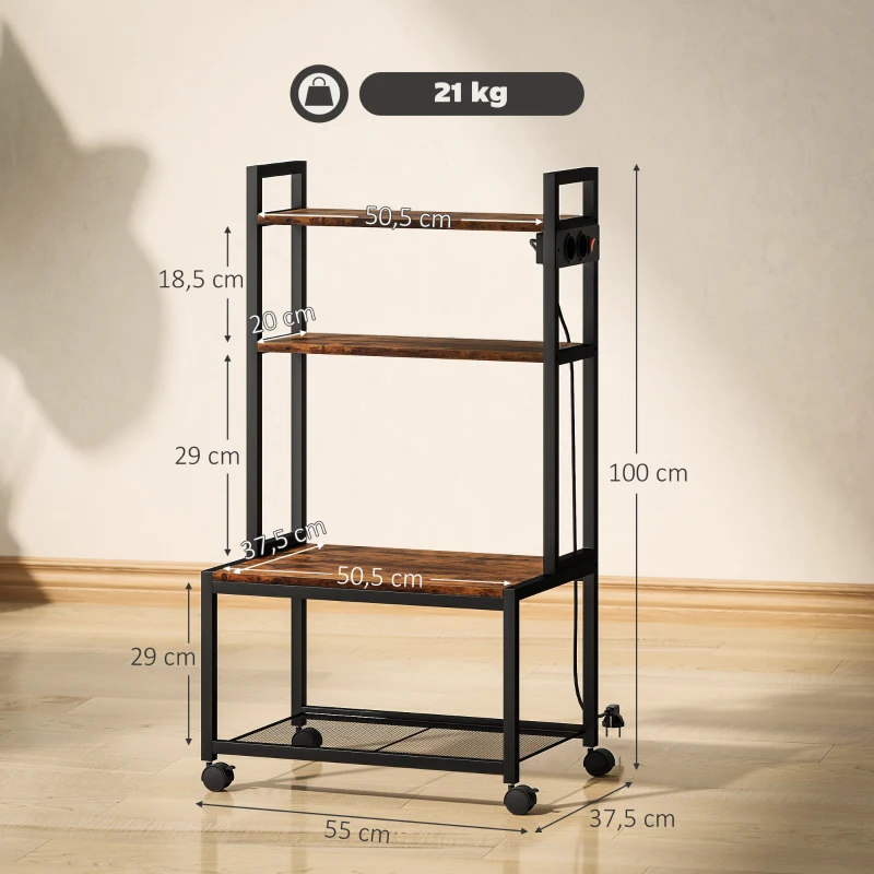 HOMCOM Druckerständer 4 Ebenen mit Steckdosen, Rollen und Regalen, Metallgestell, Rustikales Braun