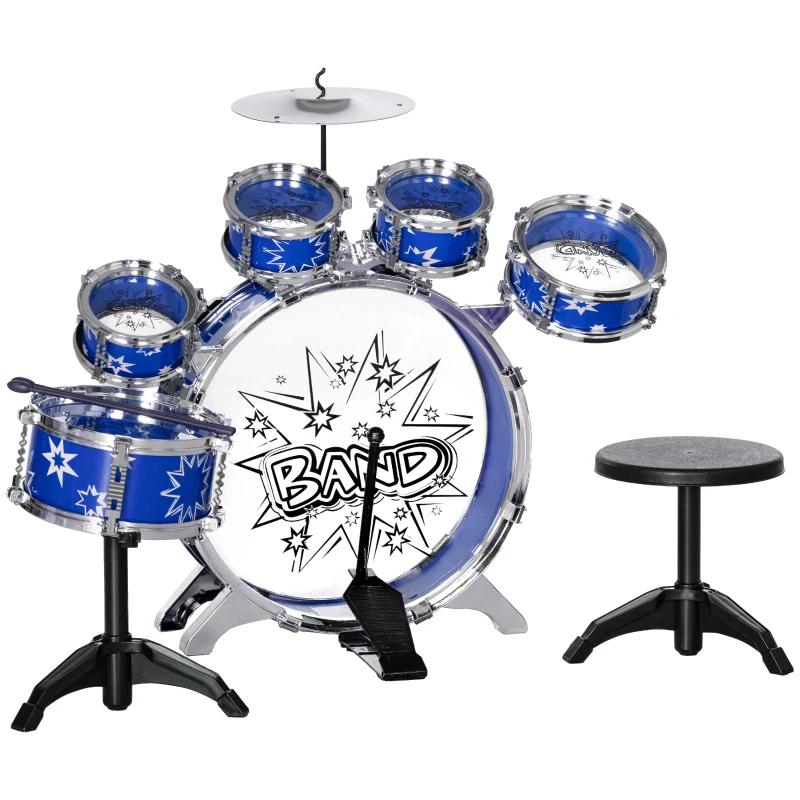 AIYAPLAY Set Kinder Schlagzeug mit Bassdrum mit Pedal, Trommeln, Becken und Hocker, Alter 3-6 Jahre, Blau