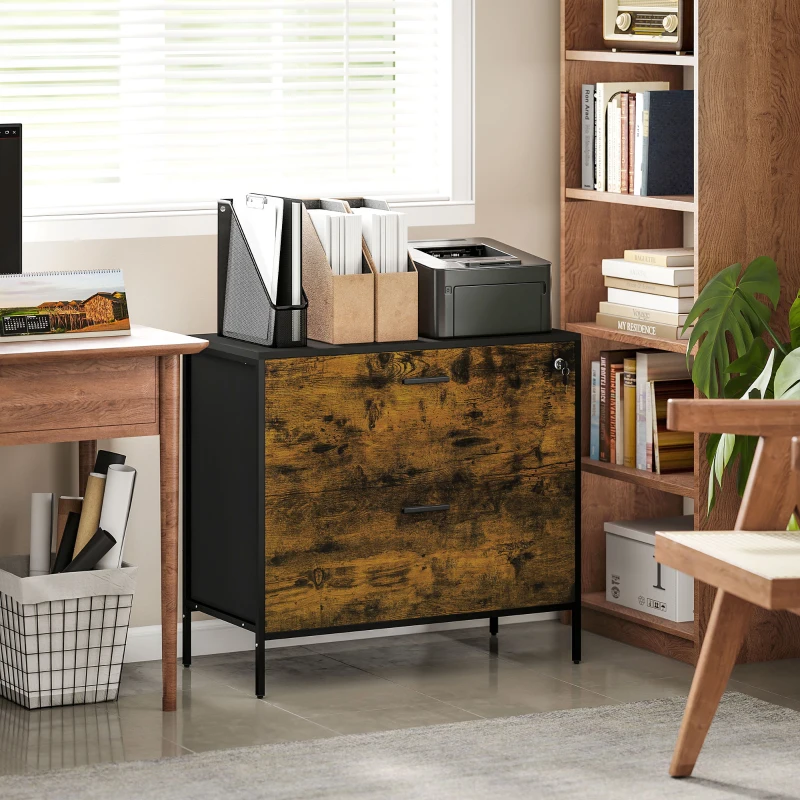HOMCOM Móvel Arquivo para Escritório com 2 Gavetas Bloco de Gavetas para Arquivos com Fechadura para Pastas Suspensas Tamanho A4 e Carta 80x39x73,5 cm Preto e Marrom