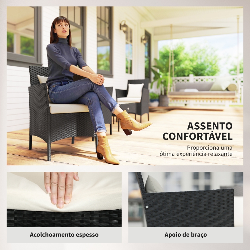 Outsunny Conjunto de Jardim de Vime Sintético com 2 Poltronas 1 Sofá de 2 Lugares 1 Mesa de Centro e Almofadas Preto e Branco
