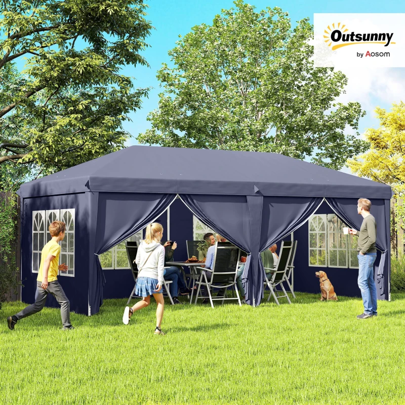 Outsunny Folding Pavilion 6 x 3m, Removable Side Walls, Large Windows, Zipper Doors, Steel Frame, Blue