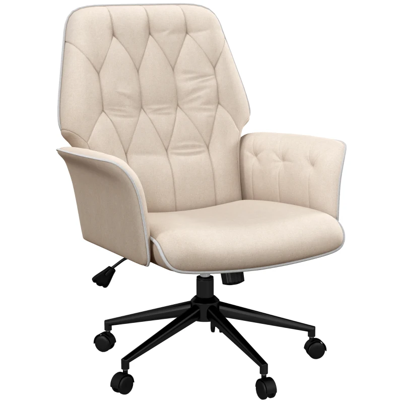 HOMCOM Linen Office Chair, Mid Back Computer Desk Chair with Adjustable Height, Beige
