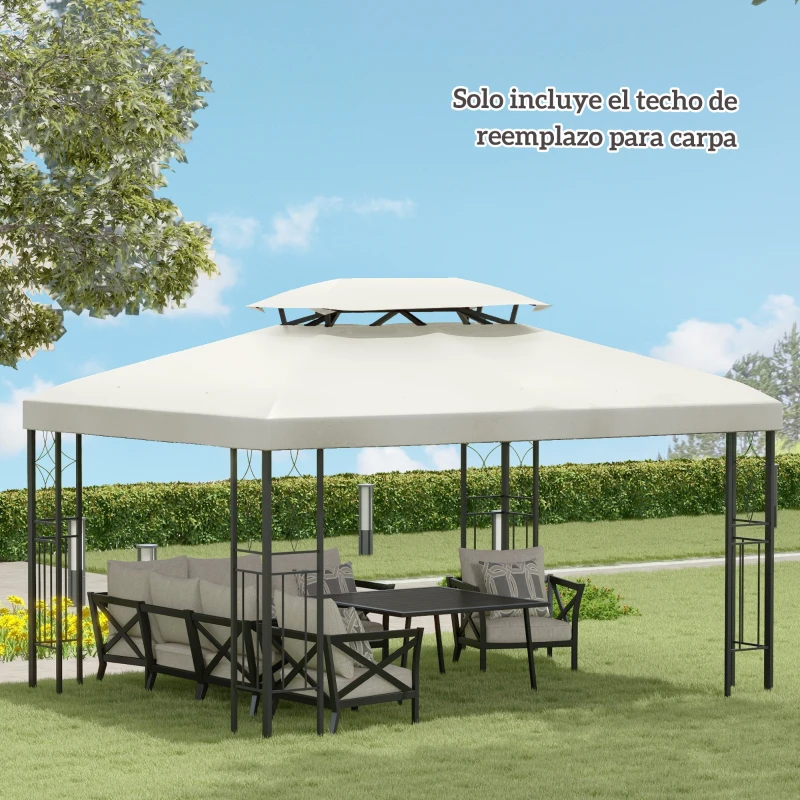 Outsunny Techo de Repuesto para Cenador 4x3 m Cubierta de Repuesto con Techo Doble 10 Orificios de Drenaje y Protección UV Toldo de Recambio para Pabellón Gazebo Crema