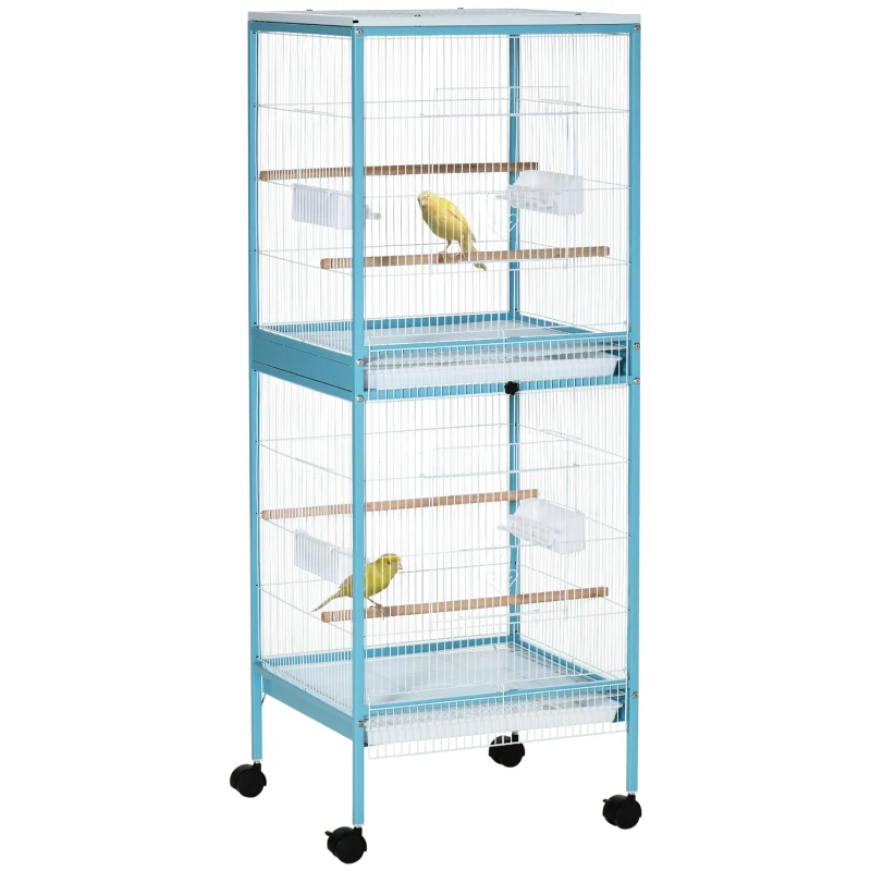 PawHut Vogelkäfig 2 in 1 Voliere für Drinnen mit 4 Rädern und herausnehmbaren Schubladen, 51,5x50x140 cm