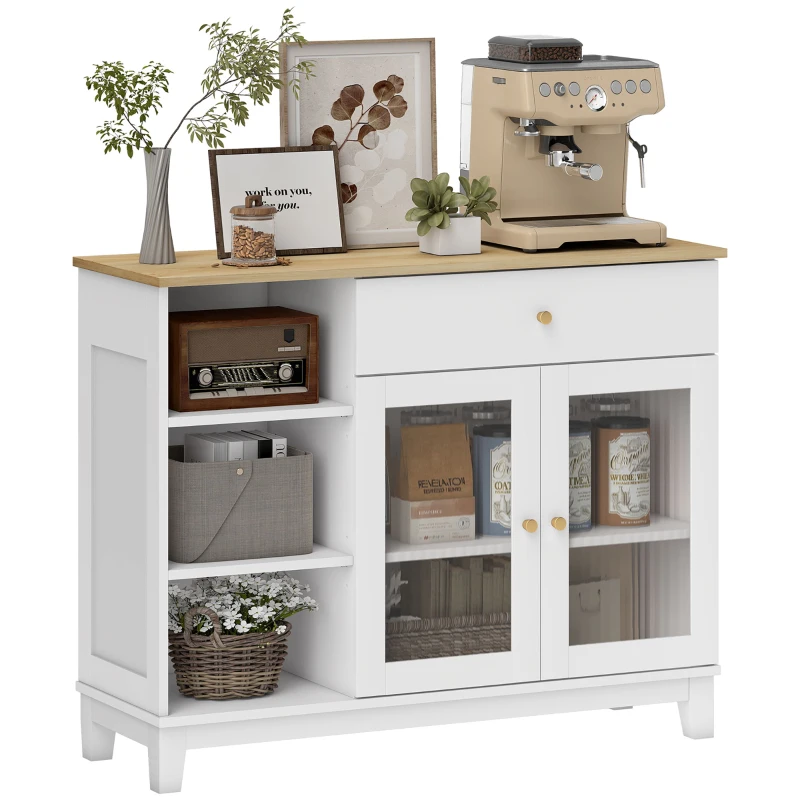 HOMCOM Wohnzimmerschrank mit gerillten Glastüren, Schublade, 3 offenen Fächern und verstellbaren Regalen, Weiß