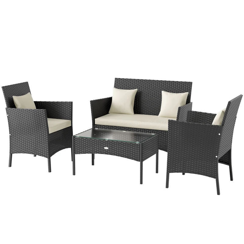 Outsunny Conjunto de Jardim de Vime Sintético com 2 Poltronas 1 Sofá de 2 Lugares 1 Mesa de Centro e Almofadas Preto e Branco