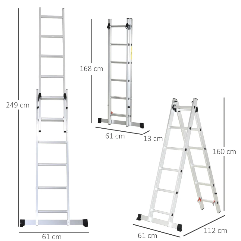 HOMCOM Multifunktionsleiter aus Aluminium 2,5 m, faltbar und tragbar, rutschfester Fuß, maximale Traglast 150 kg, Silber