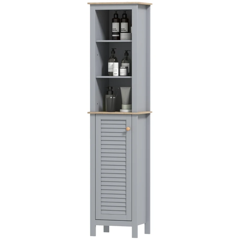 kleankin Bathroom Floor Storage Cabinet with 3 Tier Shelf and Cupboard with Door, Free Standing Linen Tower, Tall Slim Side Organizer Shelves, Grey