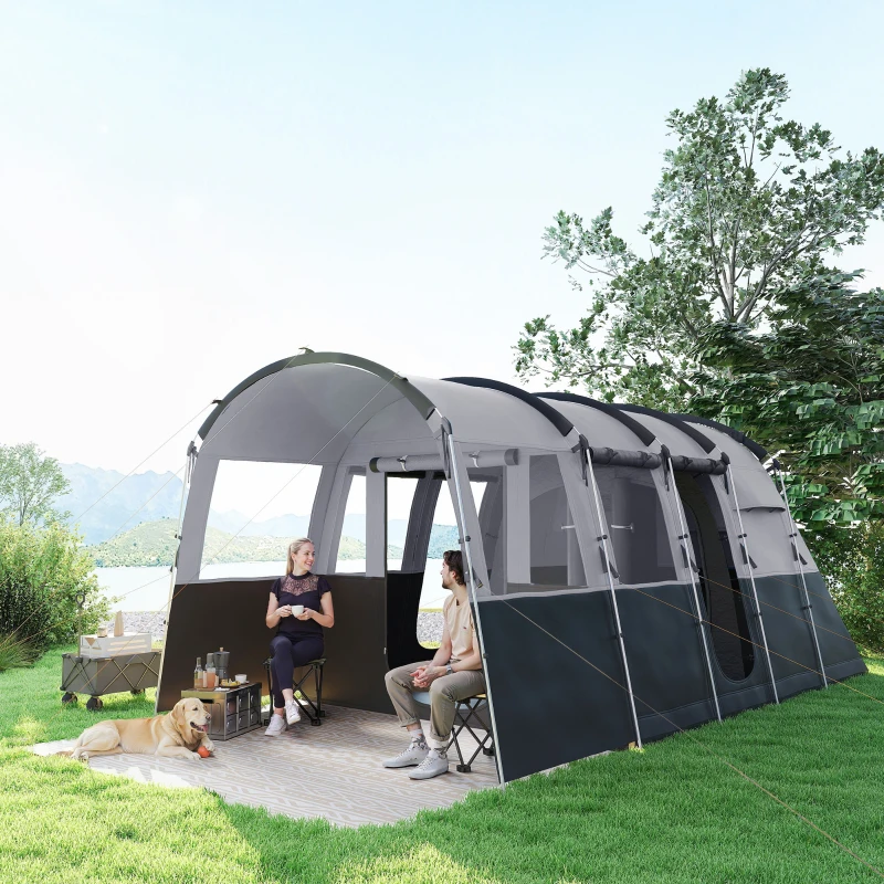 Outsunny 8-Person Camping Tent, 3000mm Waterproof Family Tent w/ Bedroom, Living Room, Porch and Sewn-in Groundsheet, Tunnel Design, 4 Large Windows, Top Hook, Portable with Carry Bag, Dark Grey