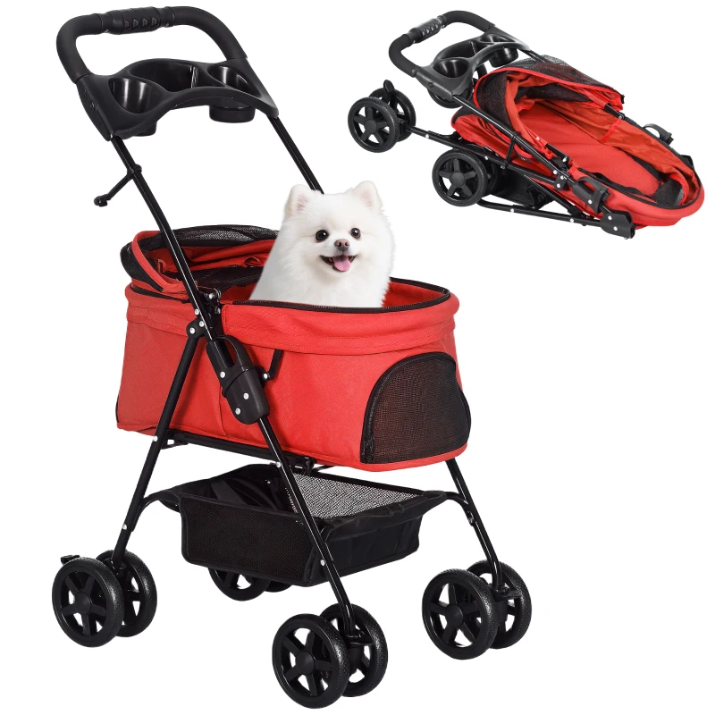 PawHut Carrito para Perros Pequeños con Ruedas Universales Cesta de Almacenaje Correas de Seguridad y Ventanas 67x45x96 cm Rojo