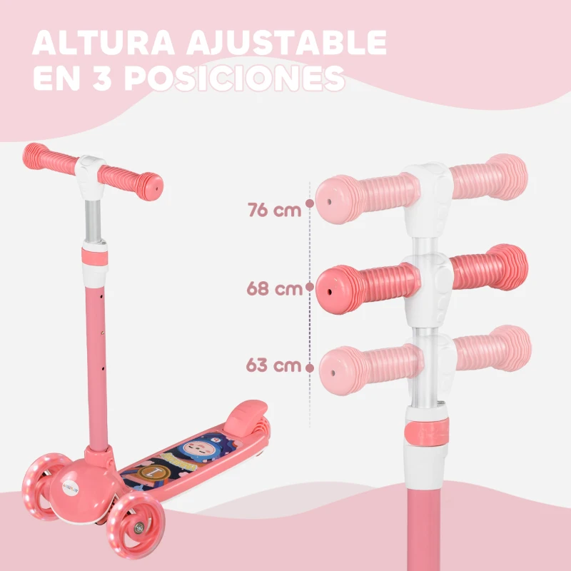 AIYAPLAY Patinete Infantil Patinete con 3 Ruedas Luces LED Altura Ajustable Carga 25 kg 52x29x63-76 cm Rosa