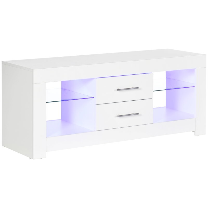HOMCOM TV-Schrank 55" mit LED-Lichtern in 12 Farben und Fernbedienung, Holz und Glas 120x40x50cm, Weiß